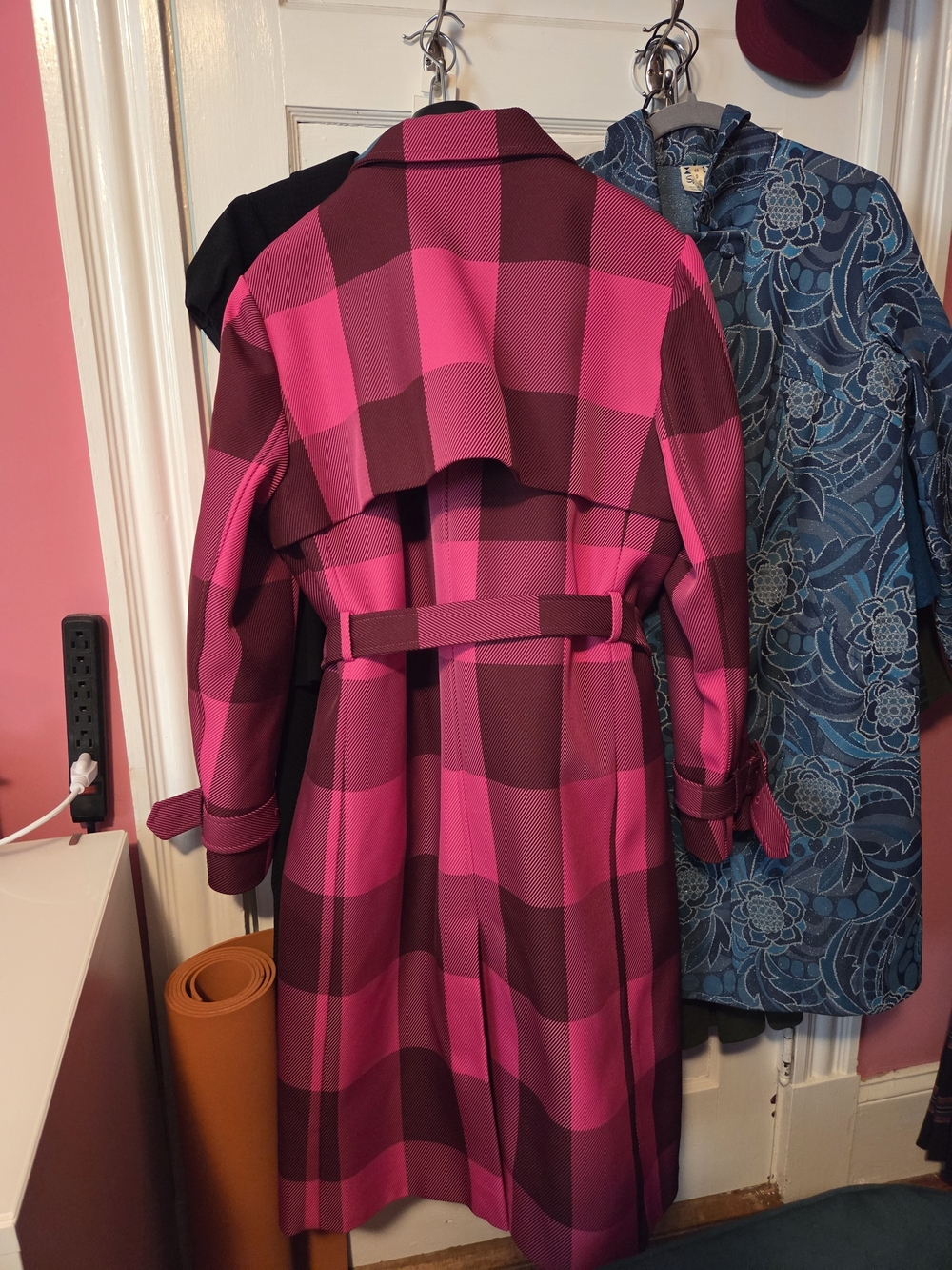 Boden Cheltenham Pink and Burgundy Plaid Trench Coat - Size 14R - Picture 9 of 16